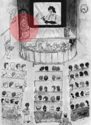 Nel cerchi rosso, il benshi durante la rappresentazione di un film muto in Giappone