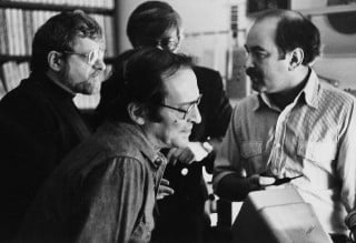 Sidney Lumet, front center, in the editing room for Network (1976), with, from left, screenwriter Paddy Chayefsky, producer Howard Gottfried and editor Alan Heim. Photo courtesy of Alan Heim.
