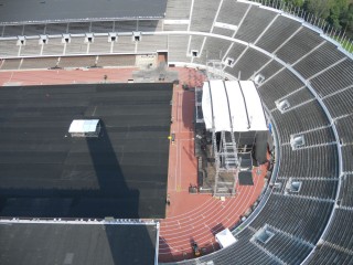 Il palco di Springsteen in fase di montaggio visto dalla torre dell'Olimpiastadion di Helsinki